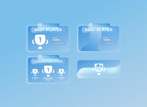 Modern football sports UI template with glassmorphism cards, leaderboard, player rankings, podium, awards, and statistics in a clean blue gradient style.