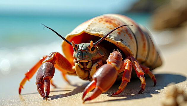 Colorful hermit crab with a patterned shell crawls on sandy beach near turquoise ocean water, showcasing its vibrant claws and antennae in natural habitat