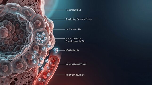 3D medical illustration of human embryo implantation and hCG hormone secretion into maternal circulation