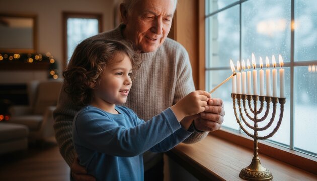 Grandfather and young grandson lighting traditional candles together on a shiny menorah during Hanukkah holiday celebration