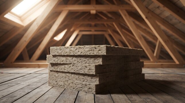 Stack of mineral wool insulation batts on a wooden attic floor with exposed timber rafters and skylight for home energy efficiency and house renovation concept