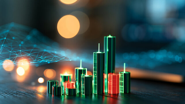 Futuristic stock market trading chart with glowing green and red candlestick graphs and digital wireframe wave background for financial analytics, defocused advanced trading