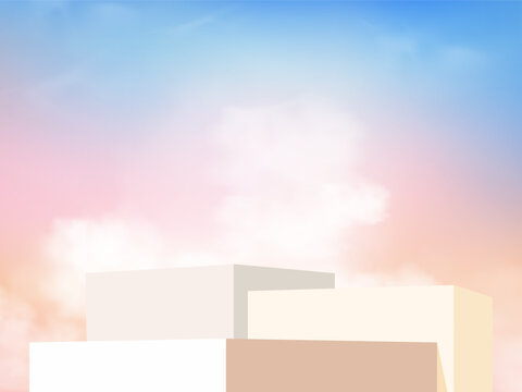 Platform Background With Abstract 3D Blocks Under Sunrise Pastel Pink Yellow Blue Sky,Soft Clouds For Product Display,Business Presentation,Sunset Sky Summer Banner,Spring Design Construction