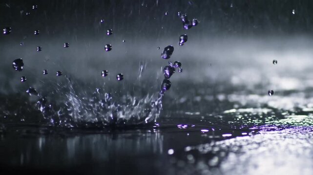 Rainfall Creates Water Splash in Dark Outdoor Puddle with Reflective Surface