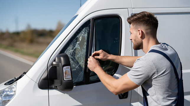 A faceless European person applies black protective film over a broken side window of a white van as a temporary repair, bright outdoor light, clean roadside setting and visible vehicle