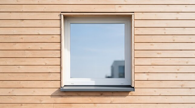 Modern white window frame installed on natural wood plank exterior wall of a contemporary eco-friendly house for sustainable architecture and building renovation concept