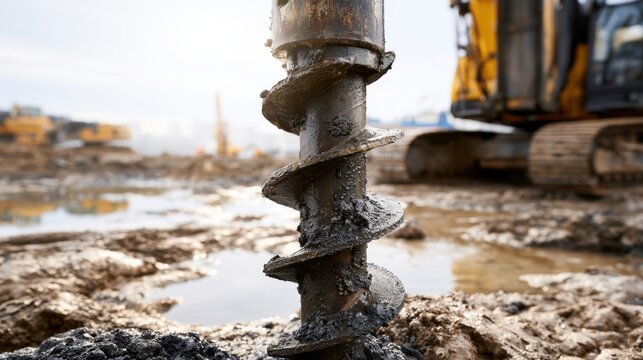 Muddy construction auger drill bit covered in soil with excavator machinery in the background at an active building site on a rainy day