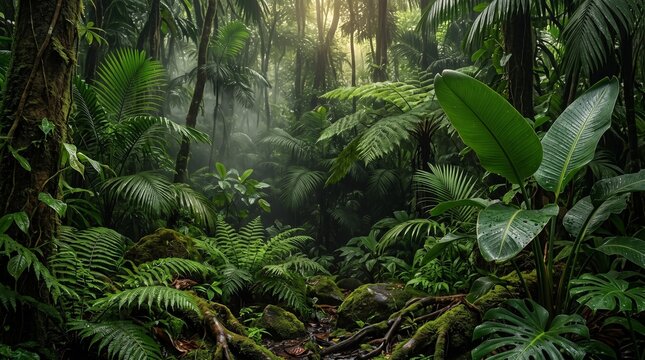Mystical Tropical Rainforest After Rain with Lush Green Foliage and Mist.