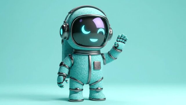 Toy astronaut robot waving hand in greeting on blue background