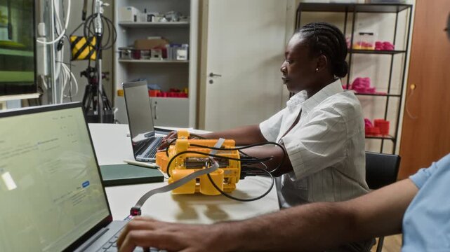 Young man typing code on laptop, camera tilting up to show African American woman programming yellow robot. Clip is ideal for STEM education, robotics engineering, and tech diversity marketing