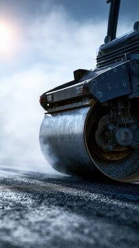 Road roller compacting freshly laid asphalt on a construction site with a dramatic cloudy sky in the background during daylight hours
