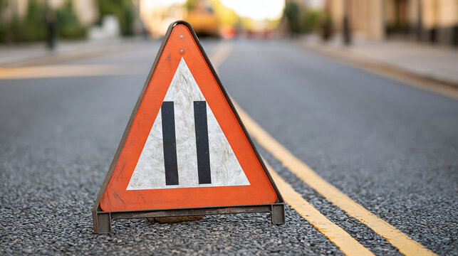 A generic temporary repair sign marks a section of a broad city street, bright clean daylight, simple barriers and open road perspective with no location identifiers, roadworks sign,