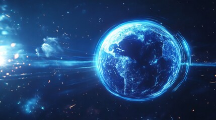 Fototapeta premium Vivid Earth orb glows with brilliant blue energy, encircled by radiant light trails against a dark cosmic backdrop, representing global connectivity and future technology
