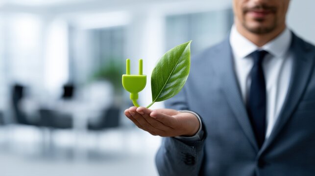 Businessman holding green electric plug and fresh leaf symbolizing sustainable energy and environmental responsibility in corporate settings