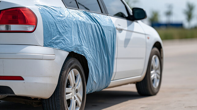 A parked white car shows side-body damage partially covered with protective blue plastic, bright daylight, clean roadside background and temporary repair concept, car repair, vehicle