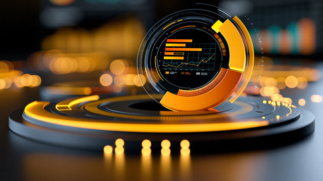 Futuristic financial dashboard with glowing amber data visualization 3D asset allocation charts and stock market graphs high-tech business analytics interface, with copy space