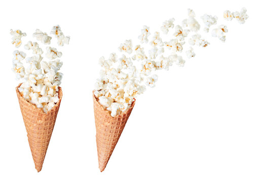 Set of Creative composition of a waffle cone filled with popcorn spilling out, isolated on transparent background. Perfect for snack concepts, food photography, and creative culinary designs