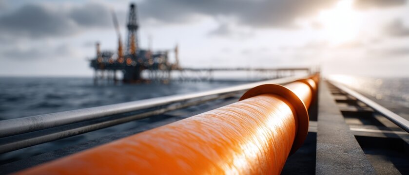 Orange pipeline leading to an offshore oil platform during sunset, capturing energy infrastructure and industrial sea operations with dramatic lighting and ocean bac
