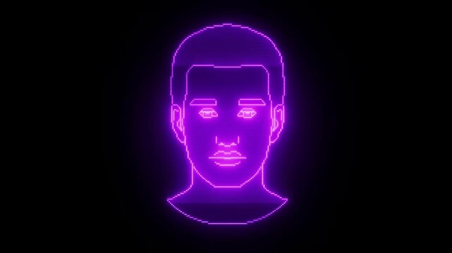 Neon pixelart human portrait glowing against black background in static front view