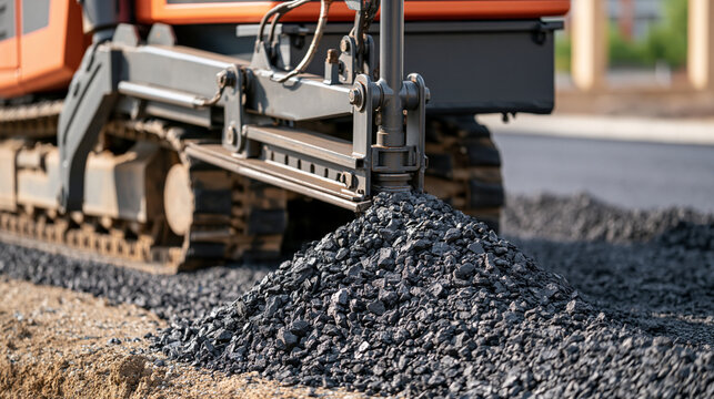 Close view of an asphalt paver auger spreading dark coarse material across a city road, bright daylight, clean machinery details and fresh pavement forming behind the equipment, road
