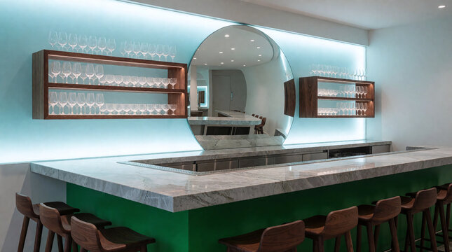 Bold bar counter with backlit mirror, countertop and glassware, 3d render