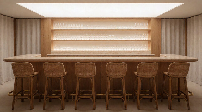 Natural bar counter with backlit mirror, countertop and bar stool, 3d render