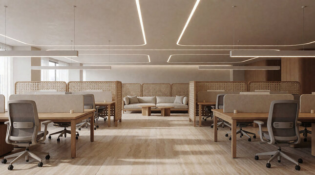 Natural open plan office with led strip, task chair and acoustic divider, 3d render