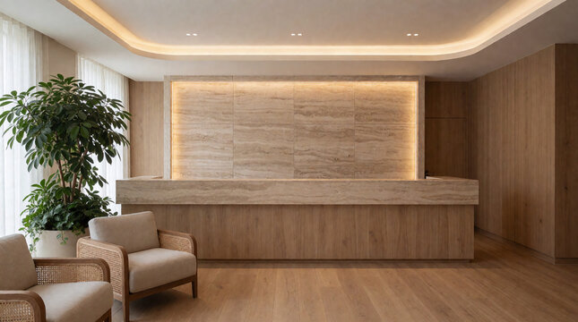 Natural reception with cove lighting, armchair and potted plant, 3d render