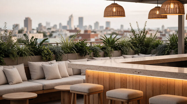 Natural rooftop bar with outdoor lighting, bar counter and countertop, 3d render