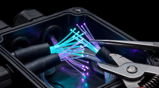 Fiber Optic Cable Splicing with Tweezers and Stripper in Terminal Box