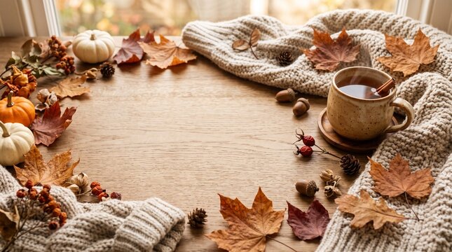 Cozy autumn background with leaves and warm drink