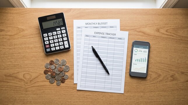 Personal finance flat lay with calculator and coins