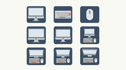 Fototapeta premium Computer monitor, keyboard, and mouse icons in flat design style, isolated on a light background.
