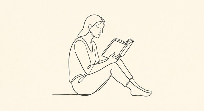 Minimalist Person Reading a Book Continuous Line Art Illustration