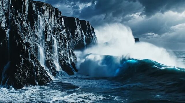 Crashing Waves on Rocky Shore: Powerful ocean waves surge against a rugged cliff face under a dramatic, cloudy sky, showcasing the untamed beauty of nature's force.