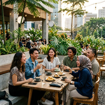 Friends enjoying meal together at outdoor restaurant