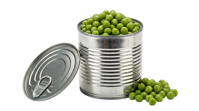 A metal tin can filled with fresh green peas, with the lid placed beside it and some loose peas scattered on a solid , food isolated on a transparent background