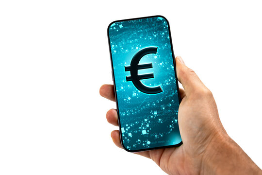 Hand holding smartphone with Euro currency symbol on screen