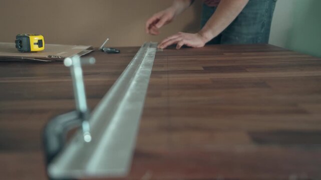 Metal straight edge guide rail clamped to a walnut countertop ready for cutting with tape measure nearby