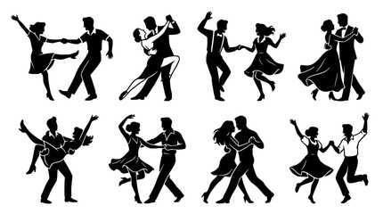 Obraz premium Couples dancing silhouette set with romantic poses featuring ballroom, tango, swing with elegance and partnership