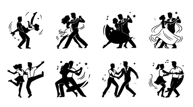 Couples dancing set with silhouette figures featuring ballroom, salsa, swing with music notes and dynamic poses