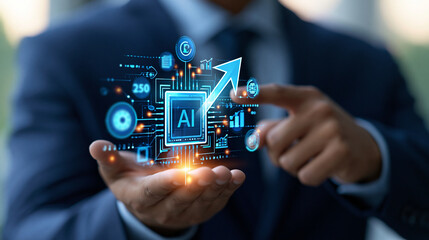 Fototapeta premium Business person pointing at glowing AI chip and rising financial growth arrow with icons, concept of artificial intelligence boosting stock market digital investment corporate