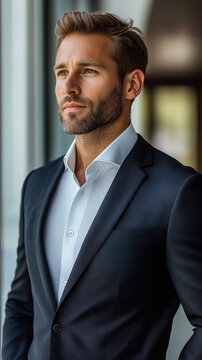 Businessman in Dark Suit Standing by Window, Cropped Professional Portrait with Copy Space