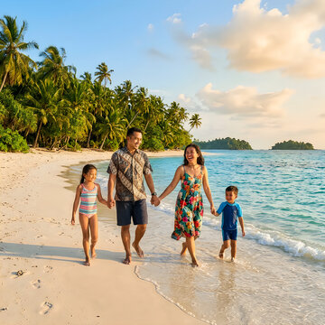 Family walking together on tropical beach sunset