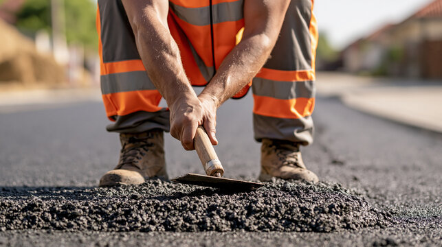A faceless European construction worker spreads and levels a new asphalt layer on a public street, bright clean daylight, safety vest, hand tools and fresh black pavement, road repair,