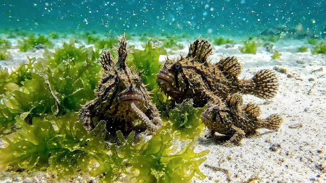 Close-Up Exotic Aquatic Life with the Rare Hairy Frogfish Camouflaged in Green Seaweed