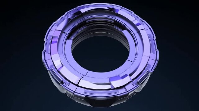 Futuristic metallic circular ring structure with layered inner opening on dark background