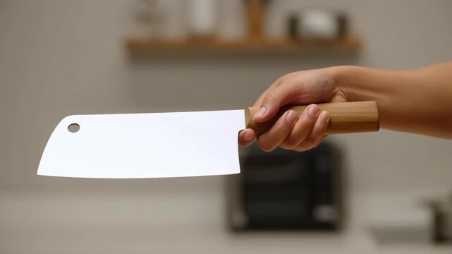 Large kitchen cleaver held horizontally by hand in a blurred home kitchen setting