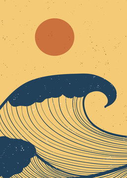 Ocean wave landscape illustration. Creative minimalist modern line art print. Abstract contemporary aesthetic backgrounds landscapes. with Ocean, sea, skyline, wave and sunset
