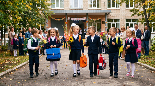 Group of young children walking together in friendship, embodying the back-to-school concept on their first day of school, generative ai